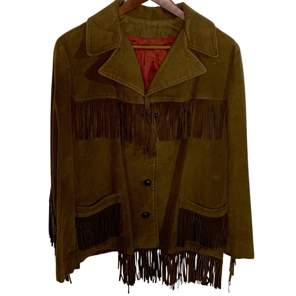 Western vintage brown jacket microsuede with real suede fringe sz 14 flaw